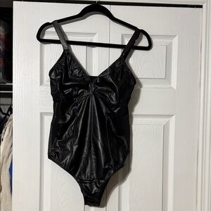 Sleek Black Faux-Leather Women’s V-Neck Bodysuit